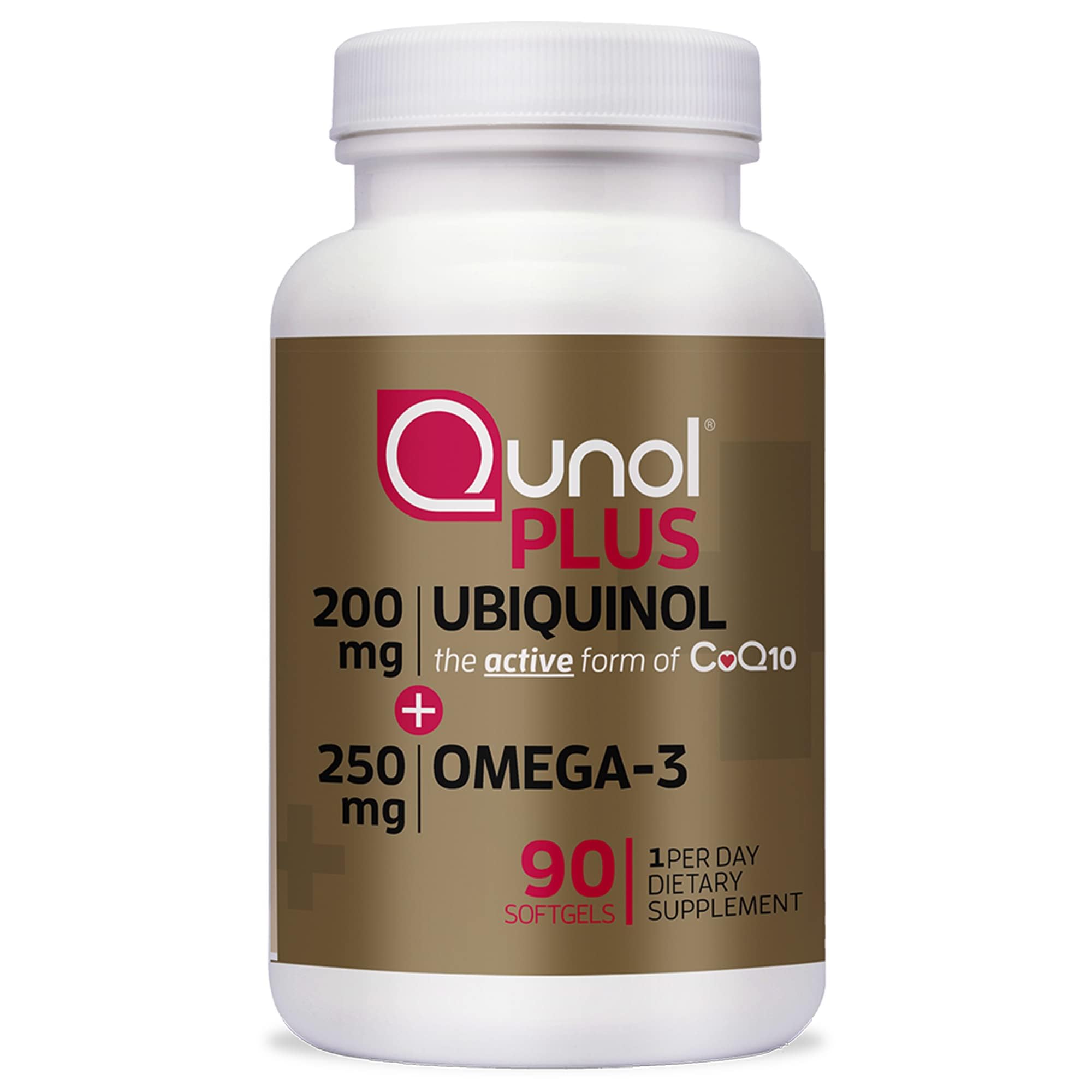 Qunol Plus ubiquinol bottle front view highlighting energy support.