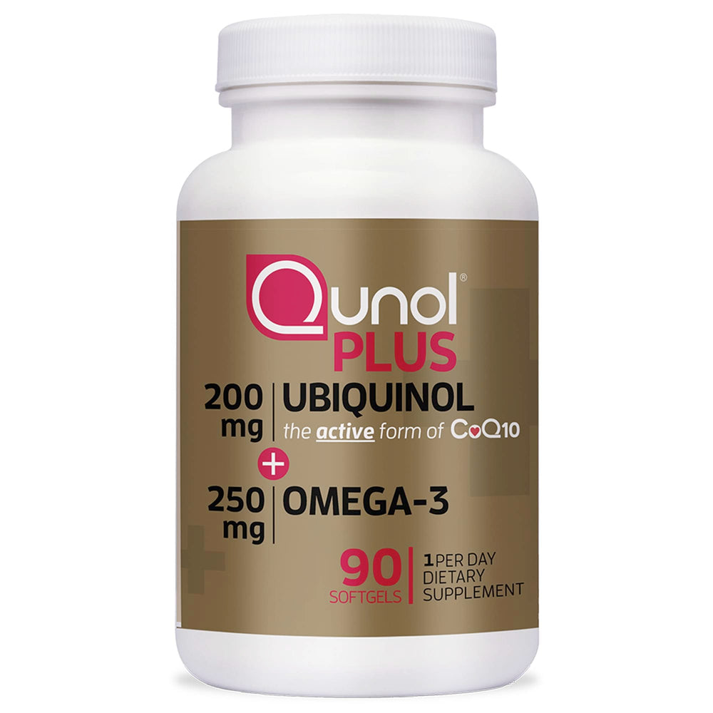 Qunol Plus ubiquinol bottle front view highlighting energy support.