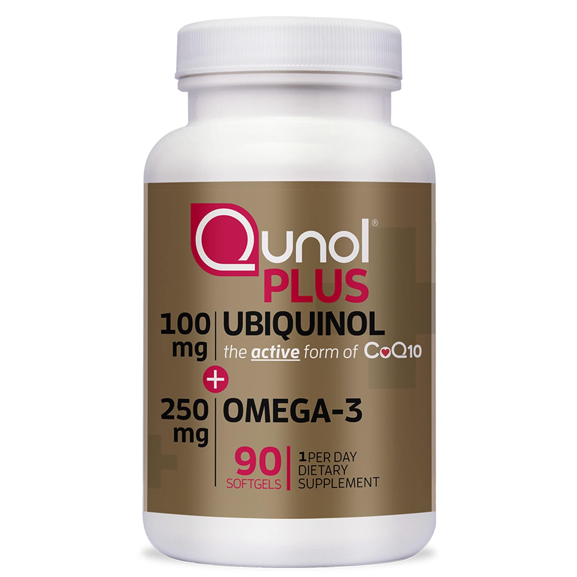 Qunol Plus ubiquinol omega-3 bottle front showing the product name and daily support idea