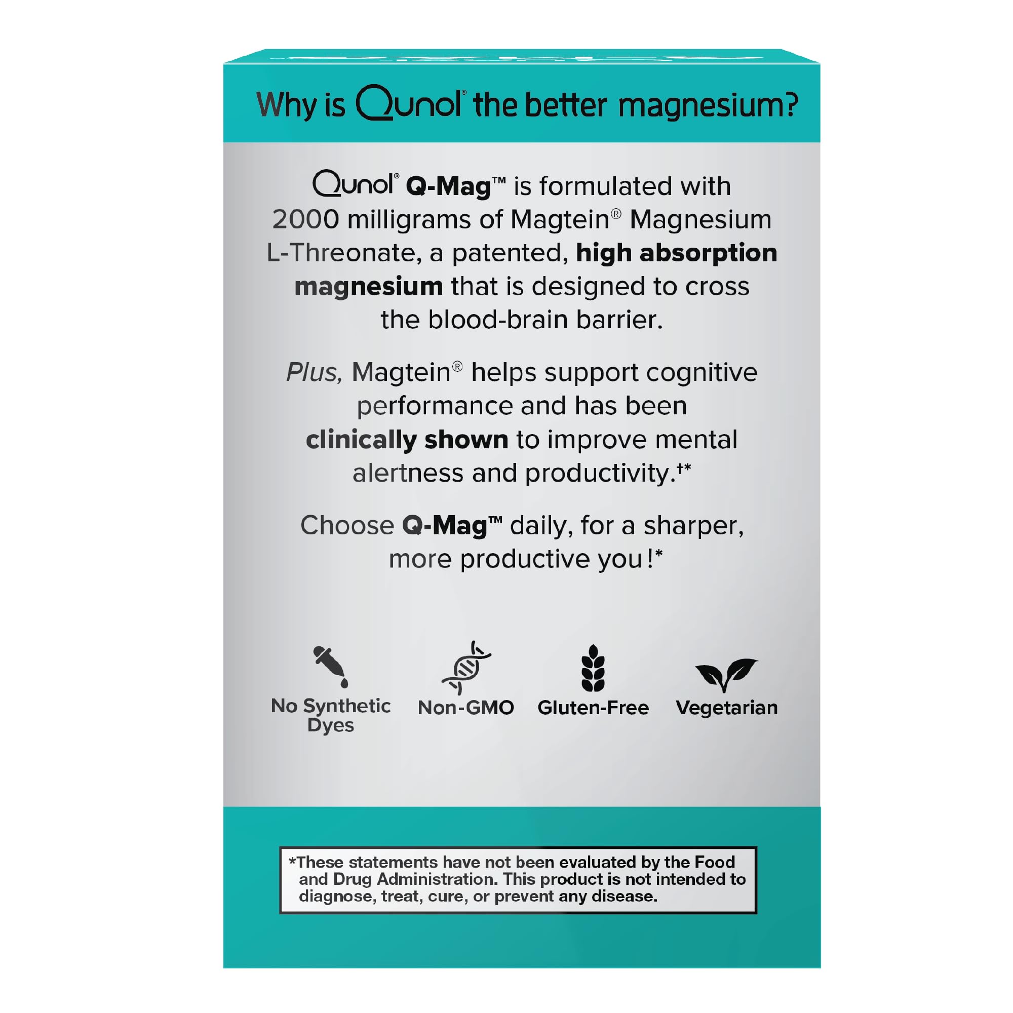 Qunol Q-Mag capsules closeup highlights easy-to-swallow tablets and high absorption.