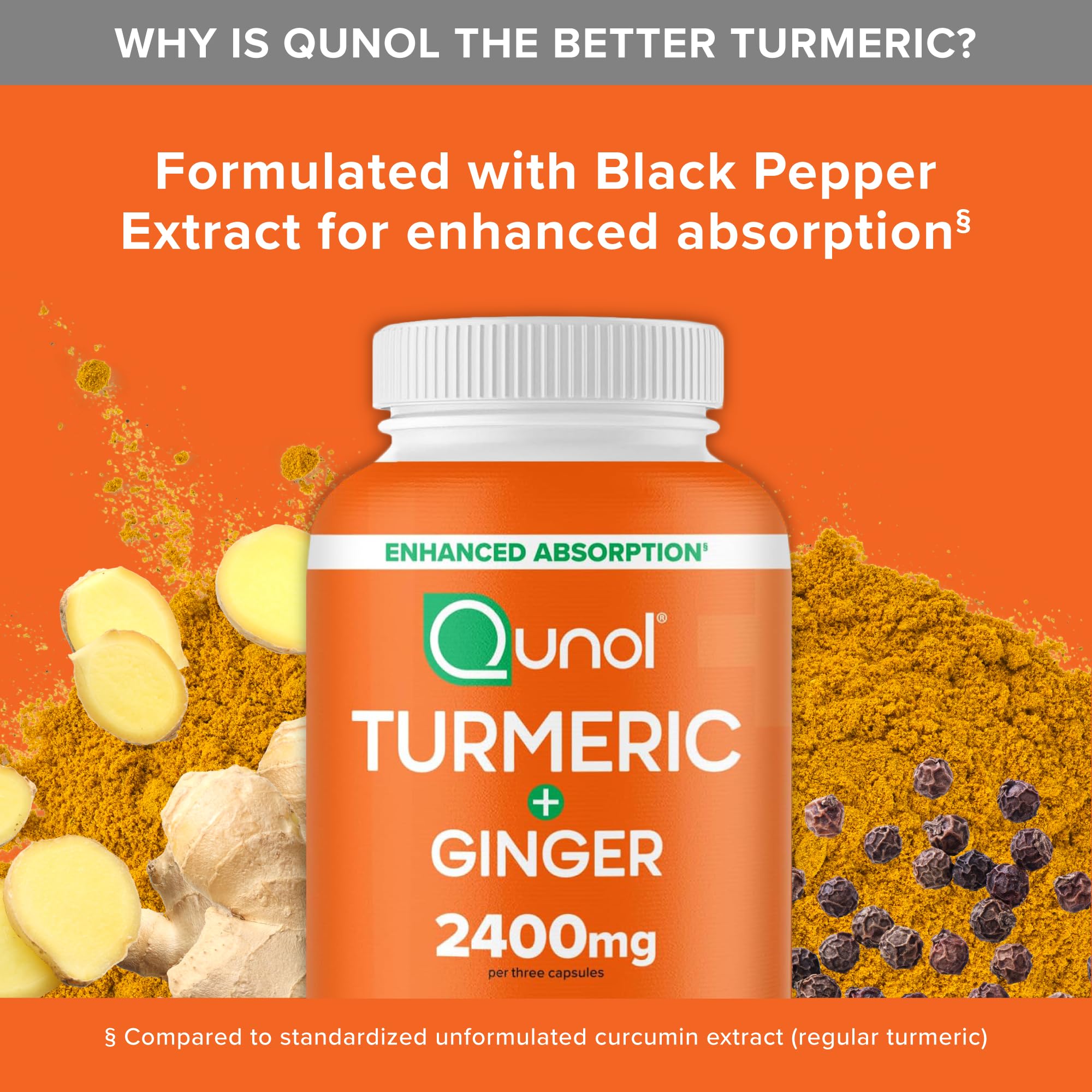 Qunol Turmeric bottle on wooden table suggests everyday wellness.