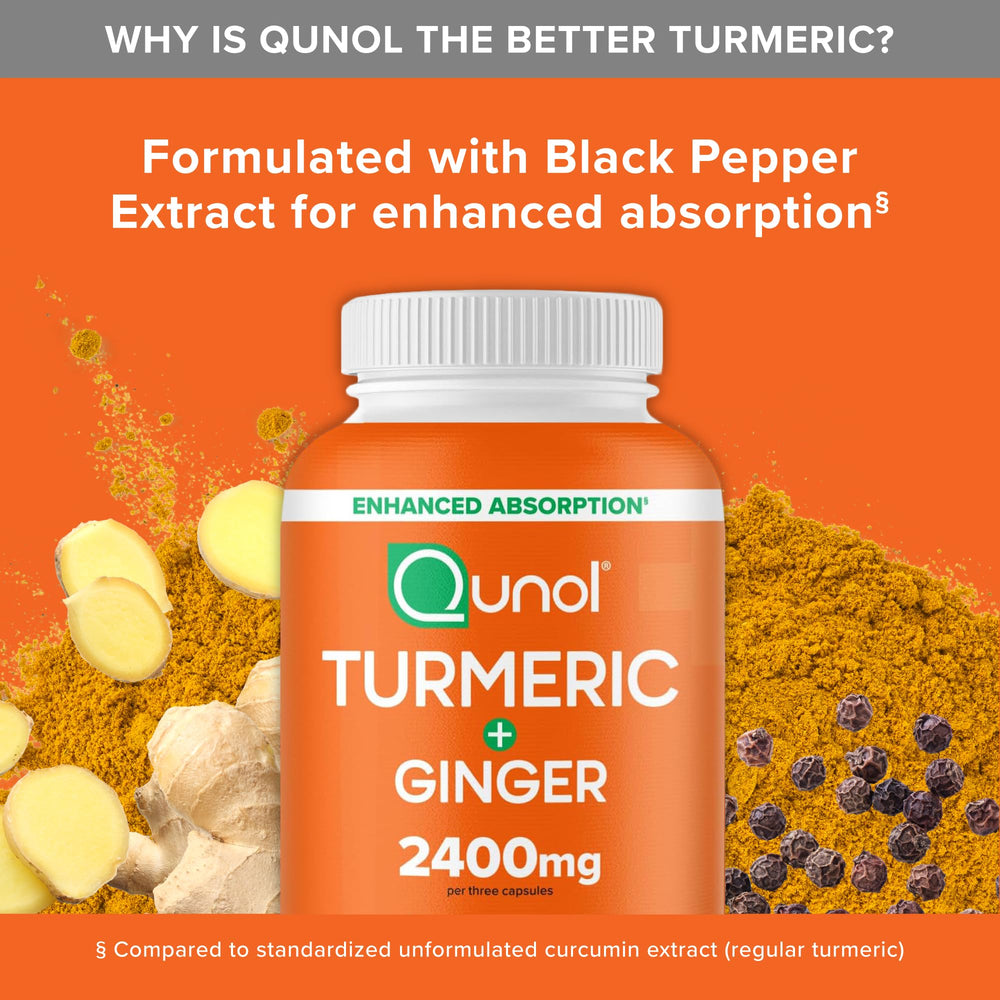 Qunol Turmeric bottle on wooden table suggests everyday wellness.