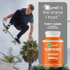 Qunol Turmeric capsules in hand illustrate easy on-the-go use.