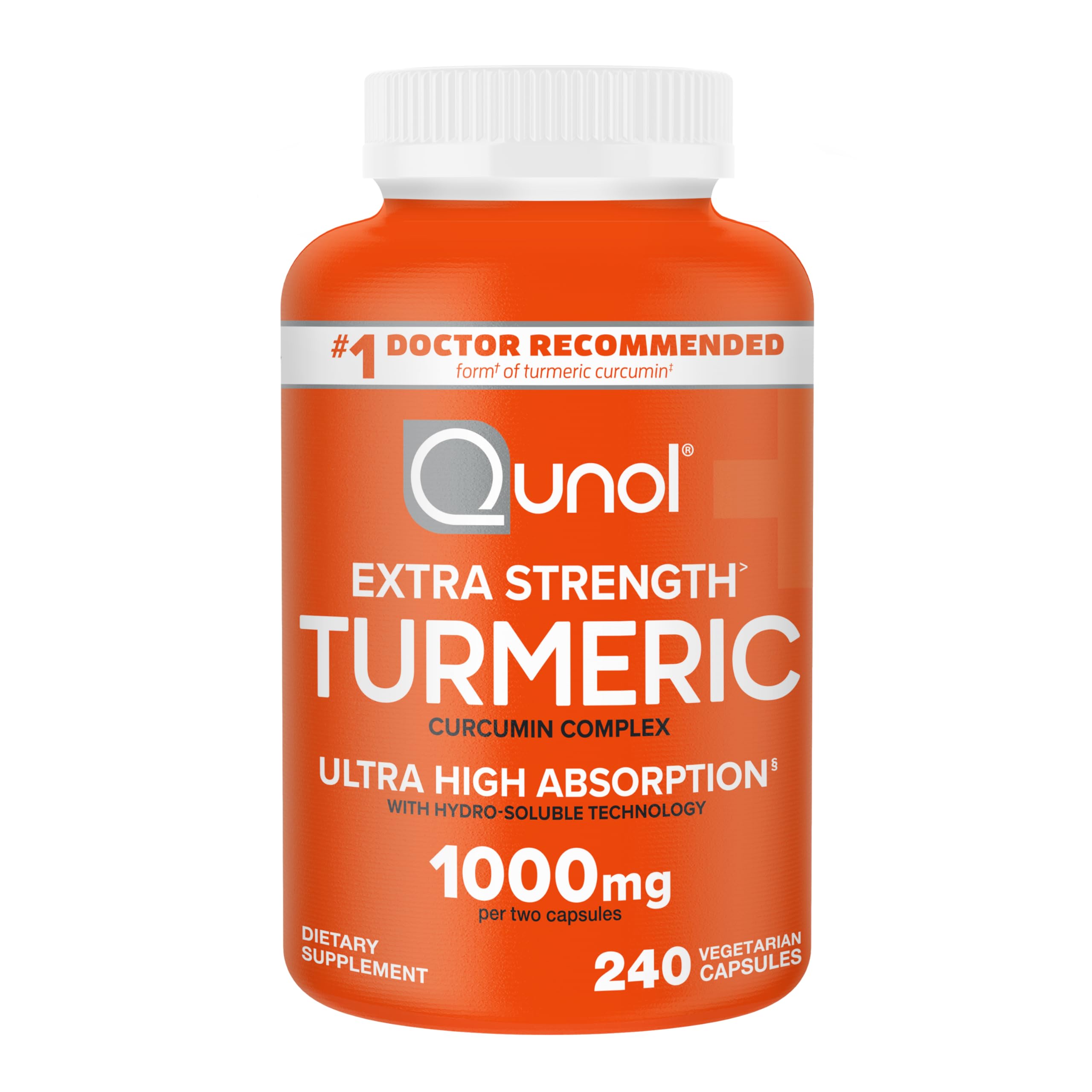 Qunol Turmeric Curcumin bottle label shows 1000 mg strength for joint support and absorption