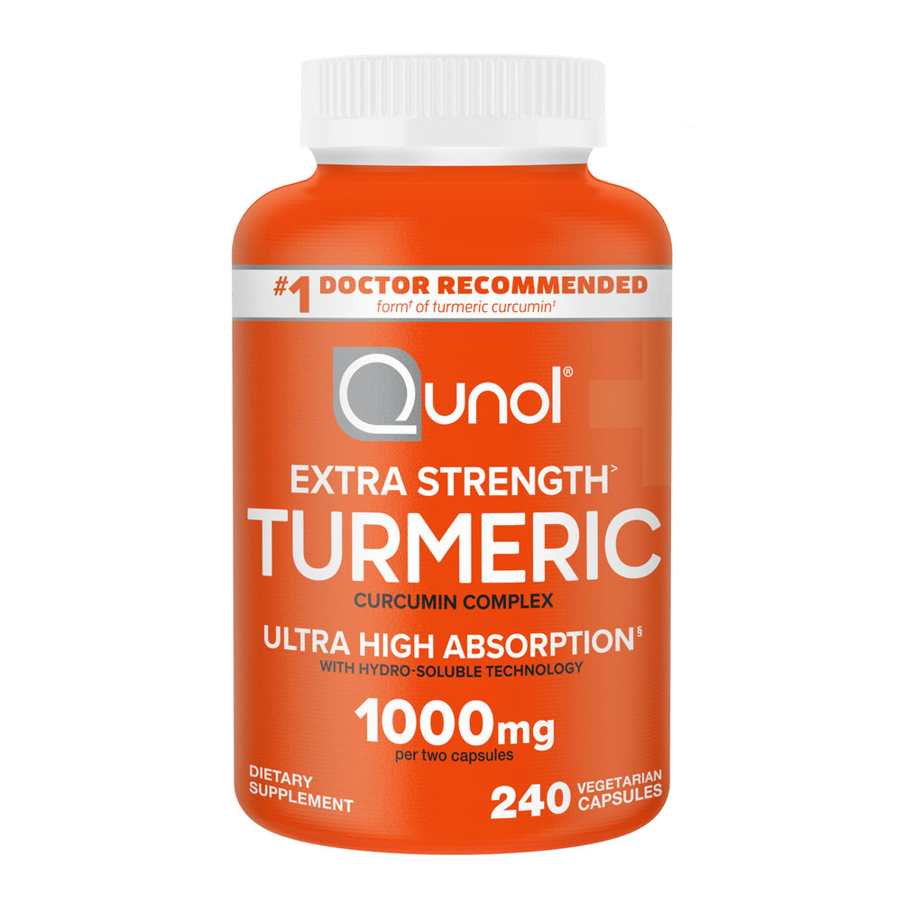 Qunol Turmeric Curcumin bottle label shows 1000 mg strength for joint support and absorption