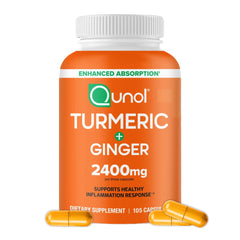 Qunol Turmeric curcumin bottle label highlights enhanced absorption and joint support.