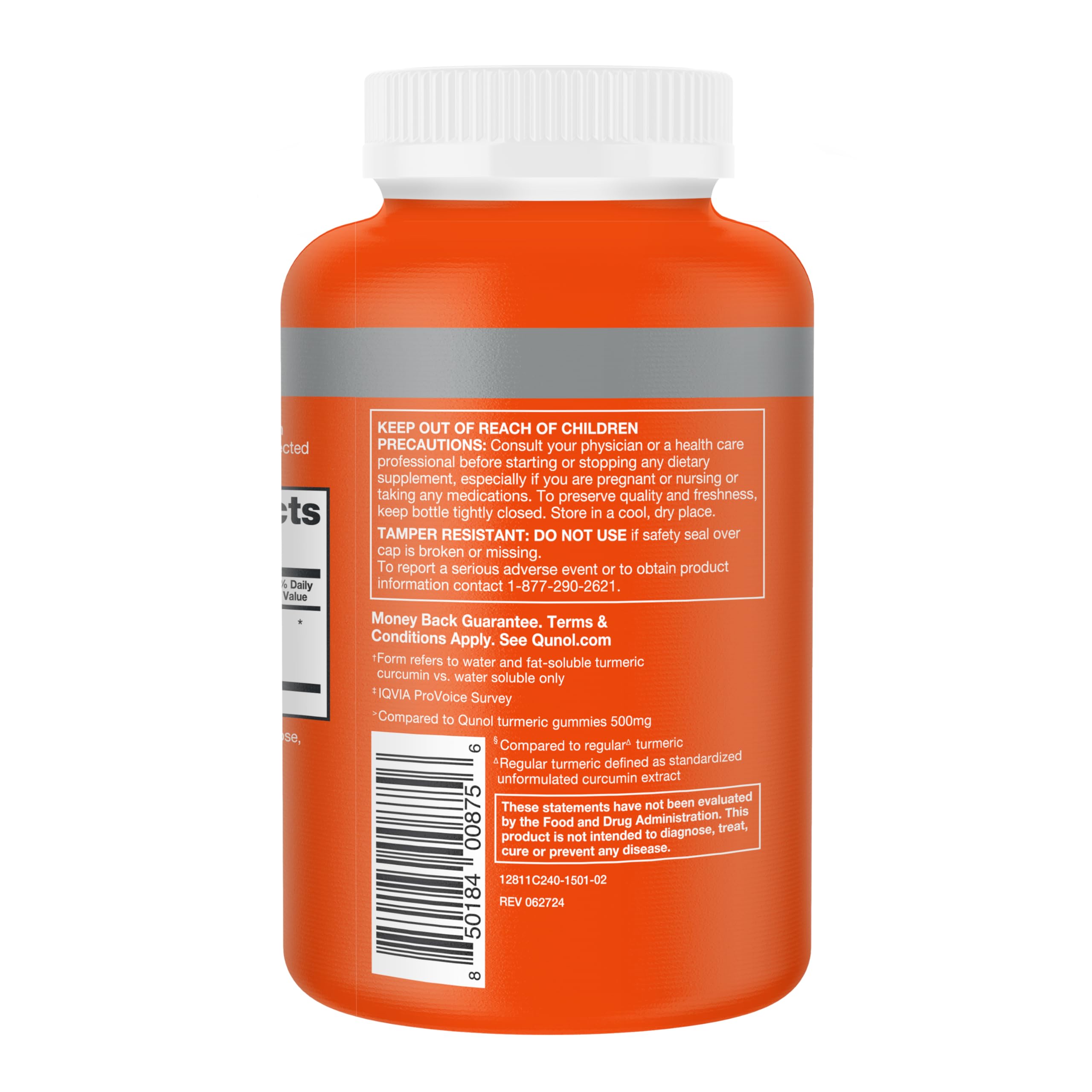 Qunol Turmeric Curcumin capsules close-up highlighting hydro-soluble formula for absorption