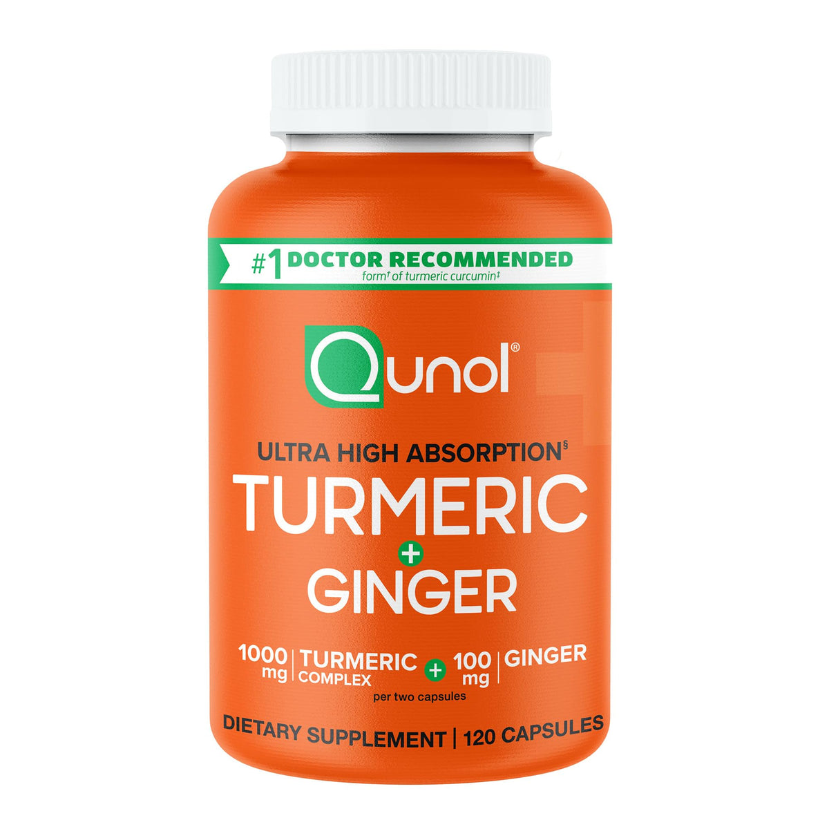 Qunol Turmeric & Ginger capsules bottle showing ultra-high absorption formula for joint support.
