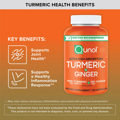 Qunol Turmeric & Ginger capsules being poured from bottle for easy daily use.
