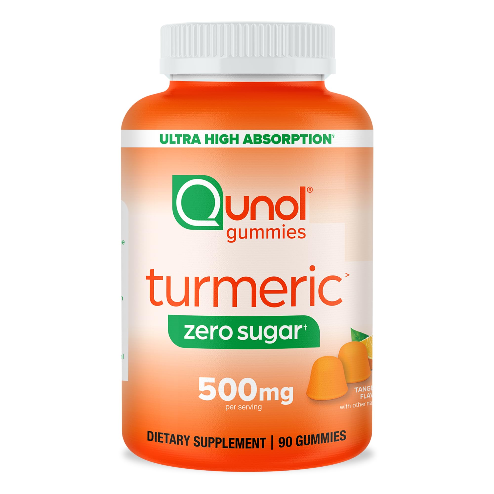 Qunol Turmeric Gummies jar shows tangy tangerine flavor for daily joint support.