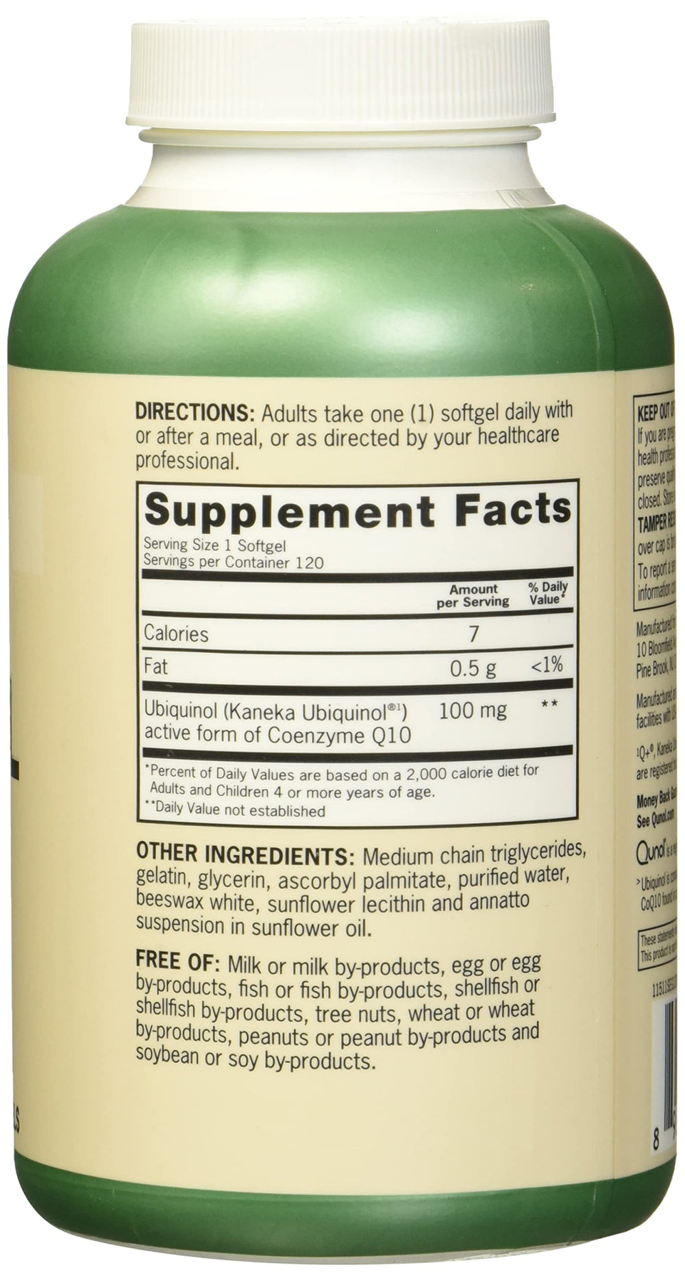 Front-facing label of Qunol Ubiquinol 100mg bottle, premium packaging