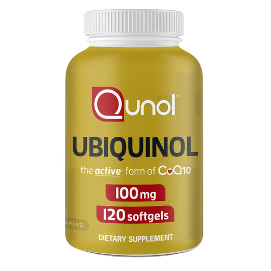Qunol ubiquinol 100mg bottle for daily energy support.