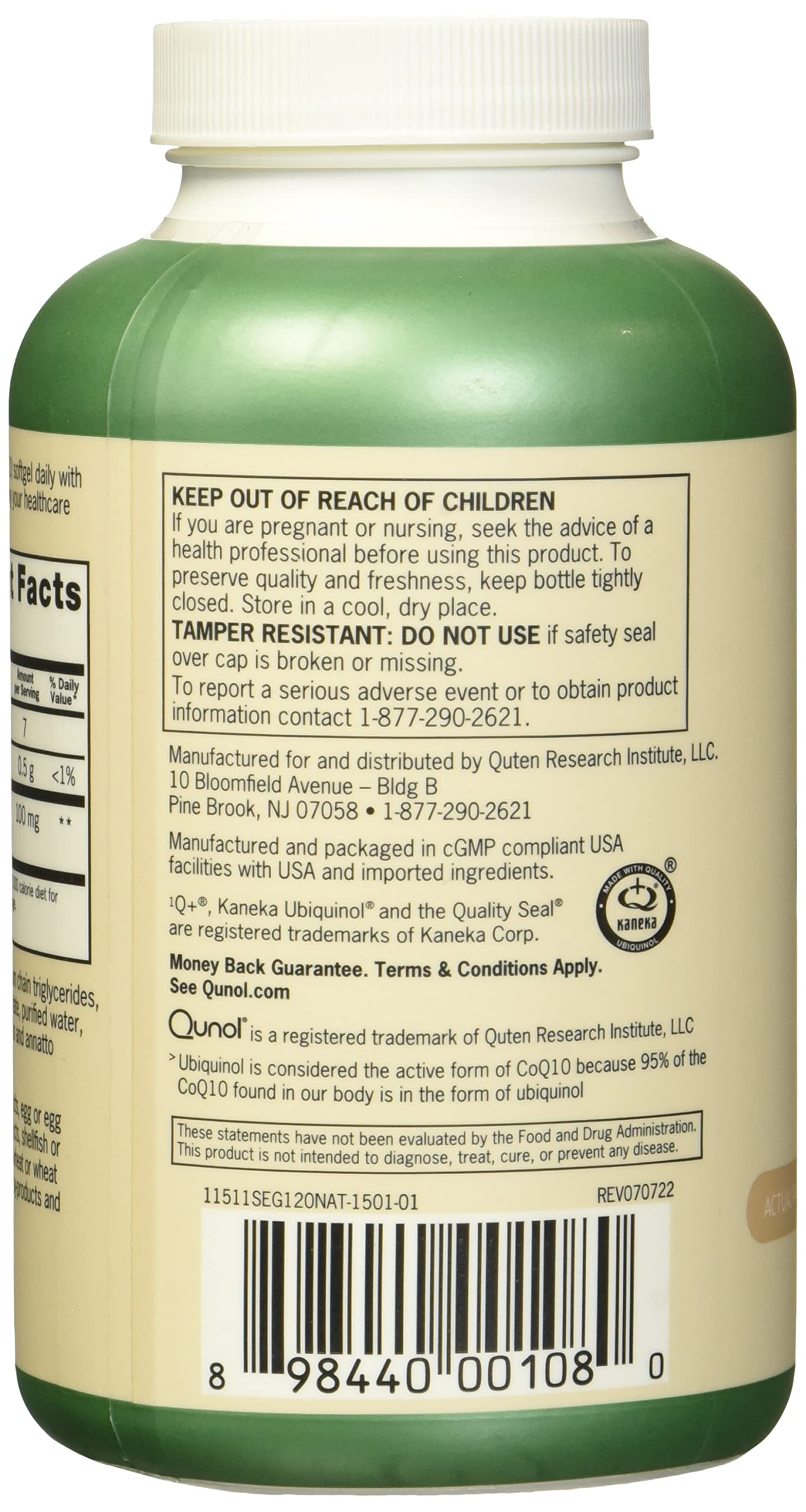 Close-up of Qunol ubiquinol 100mg jar with clear label