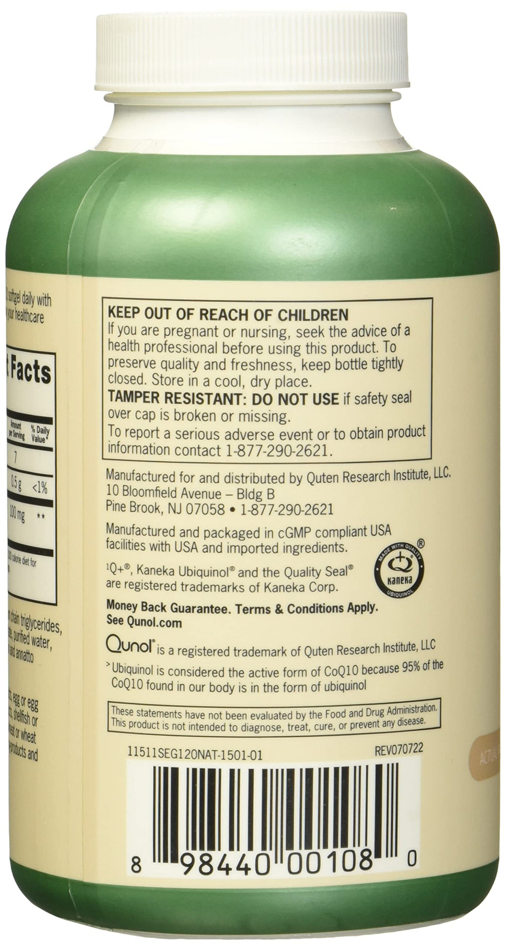 Close-up of Qunol ubiquinol 100mg jar with clear label