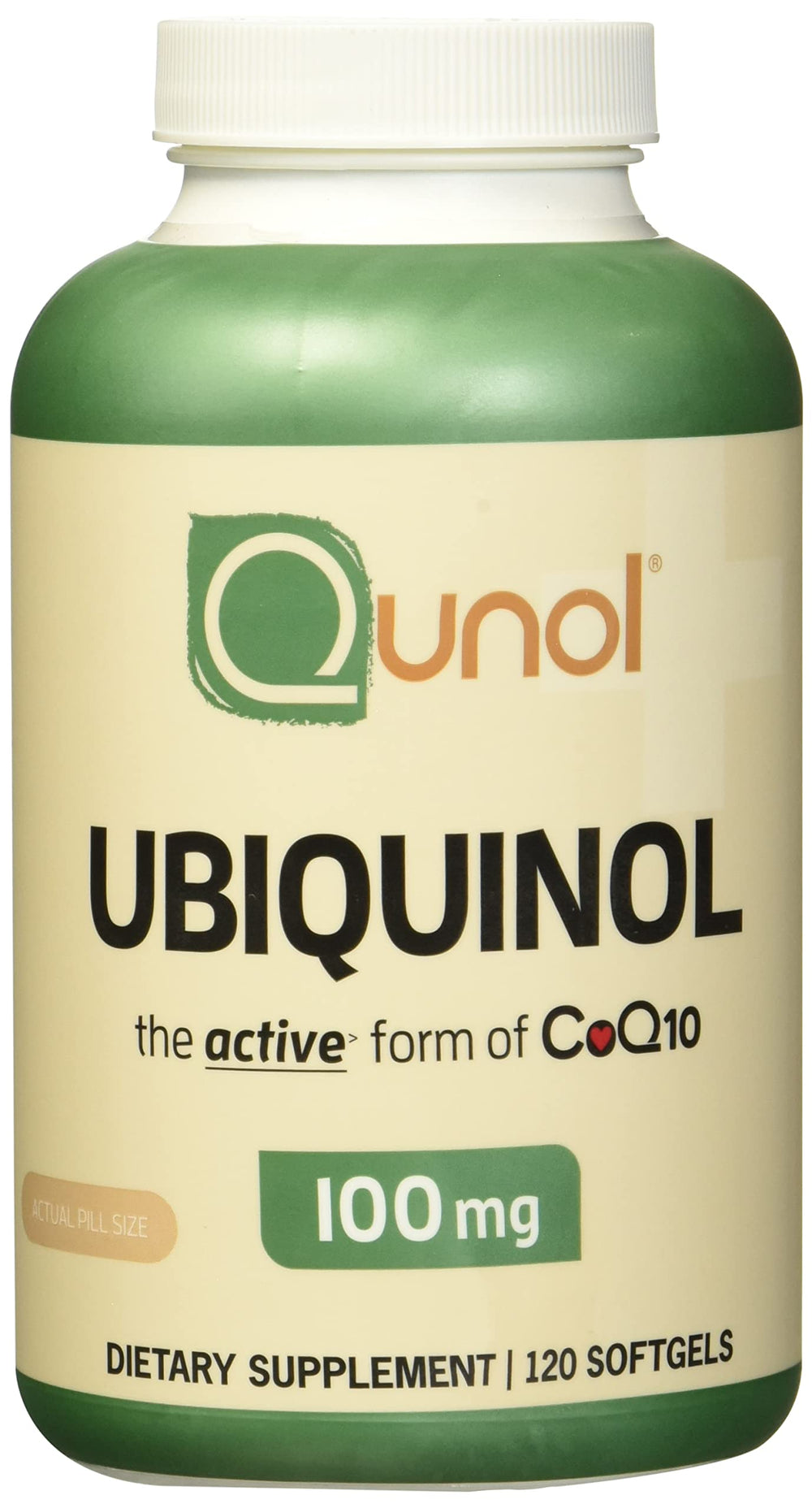 Qunol Ubiquinol 100mg softgel bottle on a clean kitchen counter