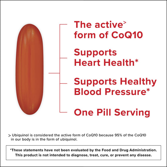 Closeup of Qunol ubiquinol 200 mg softgels for absorption benefits.