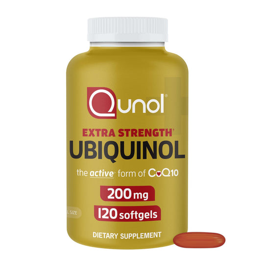 Qunol ubiquinol softgels bottle signaling energy production support.