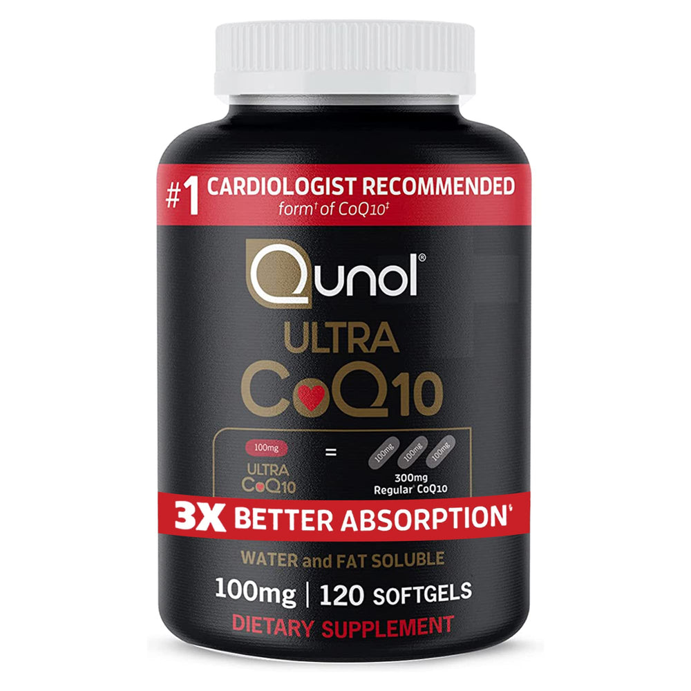 Qunol Ultra CoQ10 100mg bottle close-up for enhanced absorption.