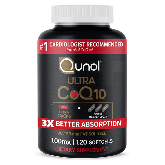 Qunol Ultra CoQ10 100mg bottle close-up for enhanced absorption.