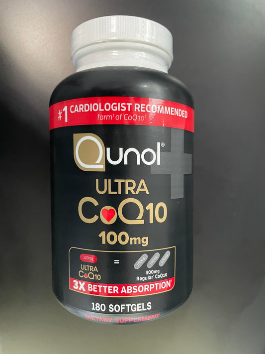 Qunol Ultra CoQ10 bottle with 100 mg softgels for energy support.
