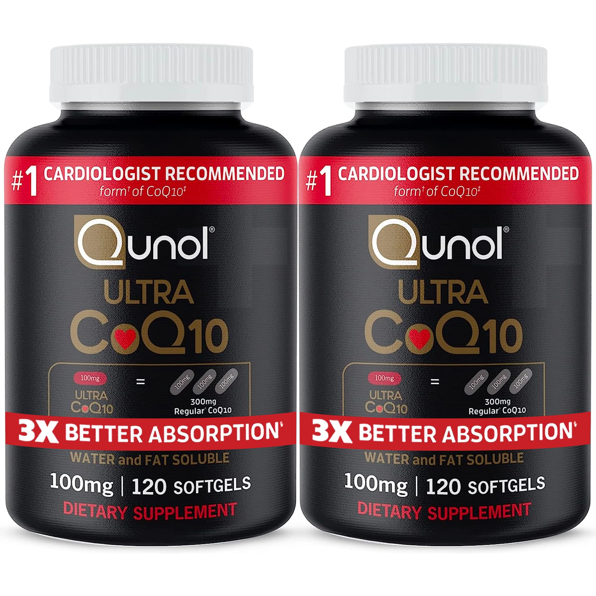 Qunol Ultra CoQ10 100mg softgels bottle for daily energy support.