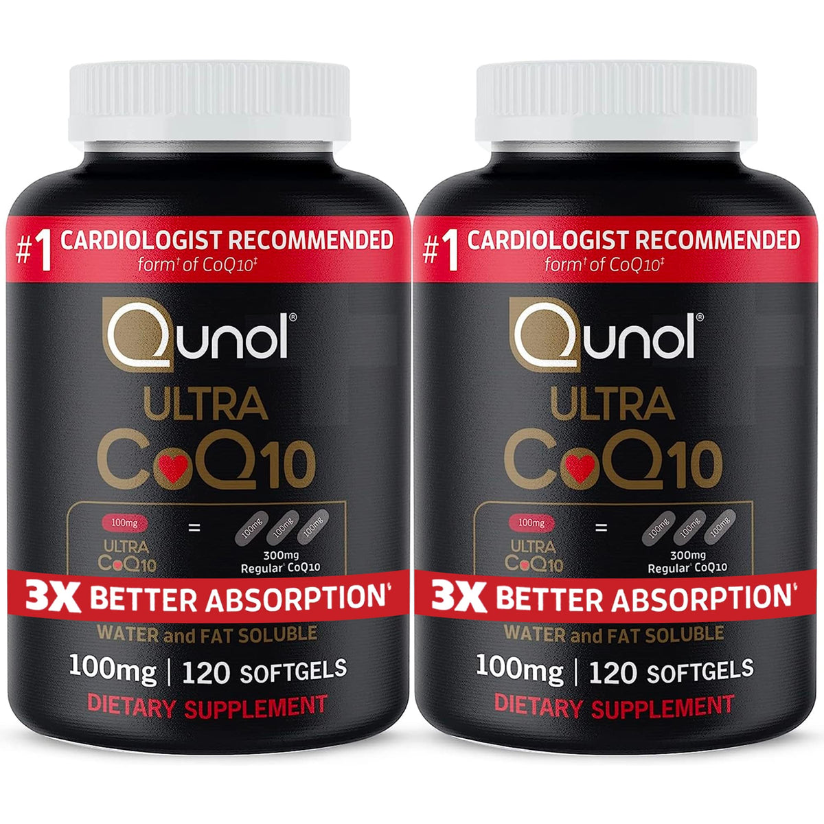 Qunol Ultra CoQ10 100mg softgels bottle for daily energy support.