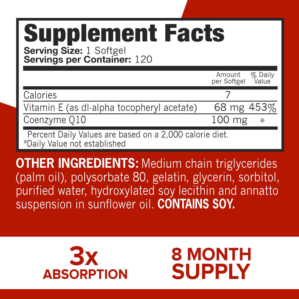 Qunol Ultra CoQ10 100mg softgels label close-up showing 3x absorption claim.
