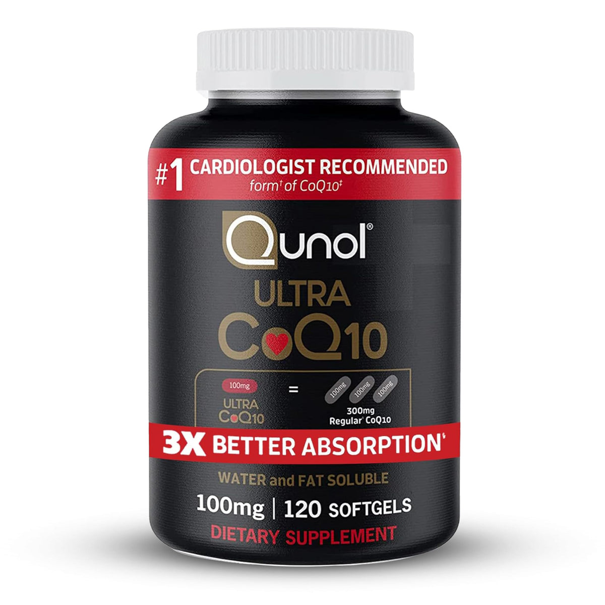 Qunol Ultra CoQ10 softgel bottle highlights 3x better absorption for heart health.