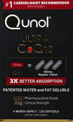 Qunol Ultra CoQ10 softgel capsules pour into a glass to show fast uptake.