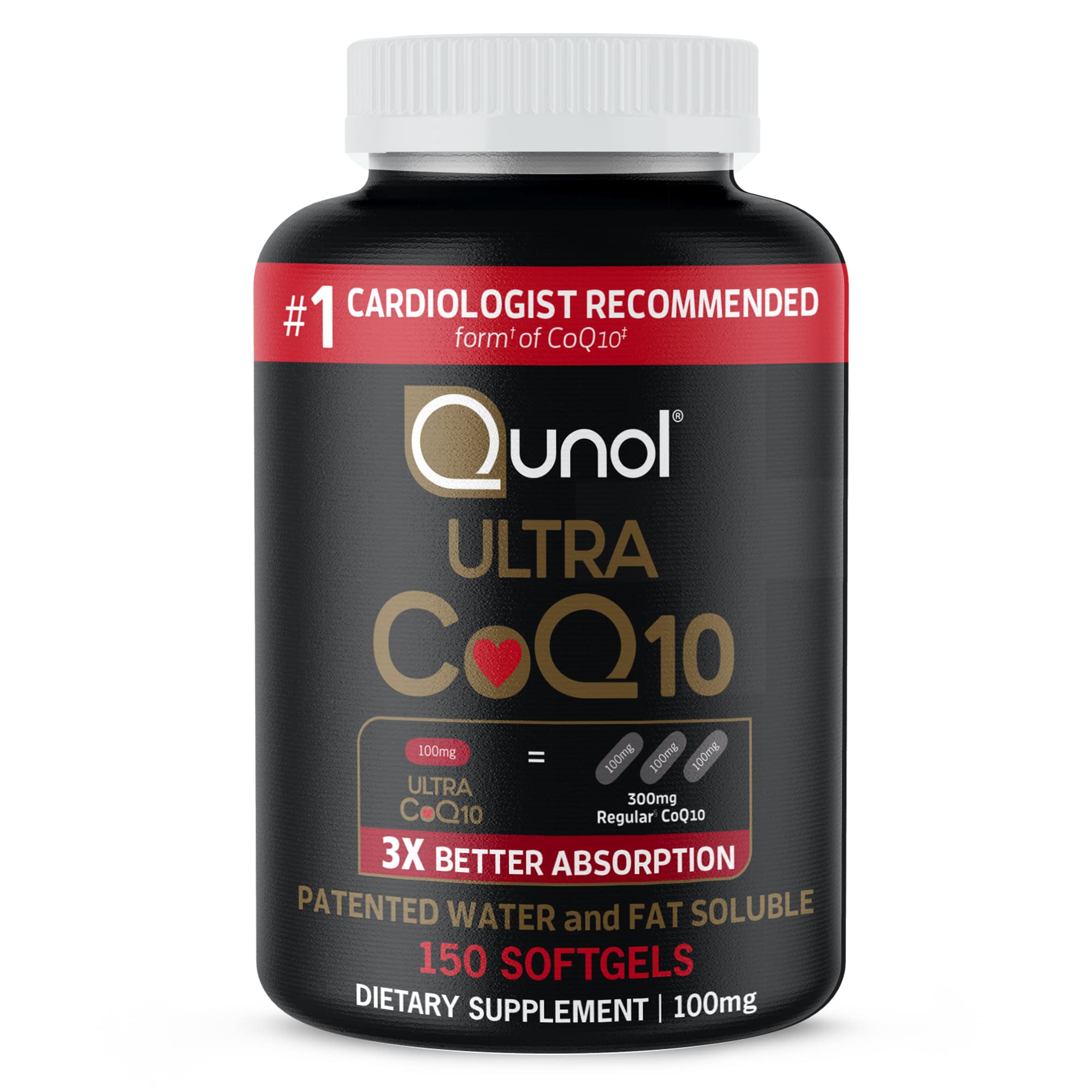 Qunol Ultra CoQ10 softgels bottle demonstrates easy daily use with enhanced absorption.