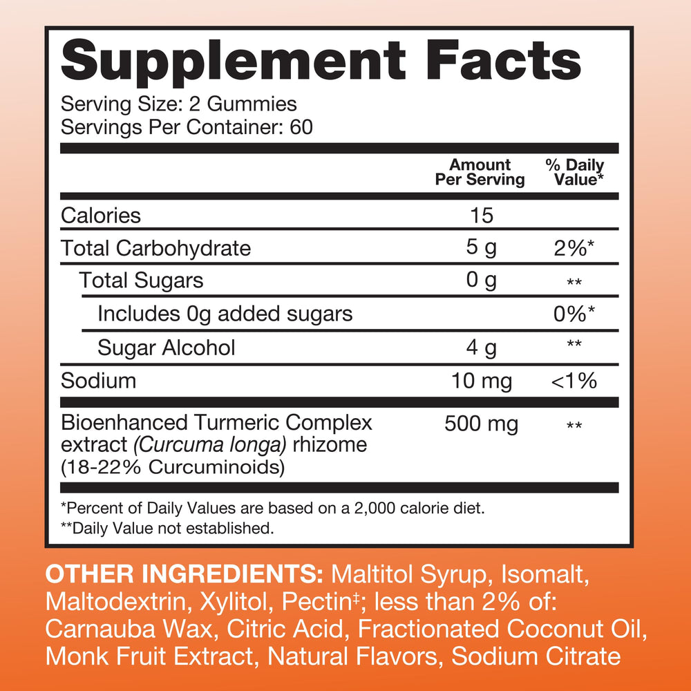 Qunol Zero Sugar Turmeric Gummies bottle showing 500 mg curcumin for joint support