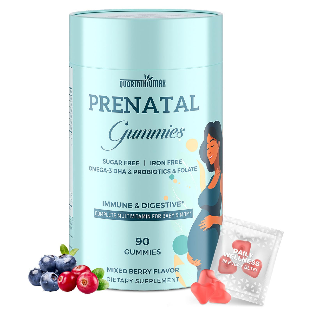 Quorinthiumax prenatal gummies bottle with DHA supports healthy pregnancy nutrition.