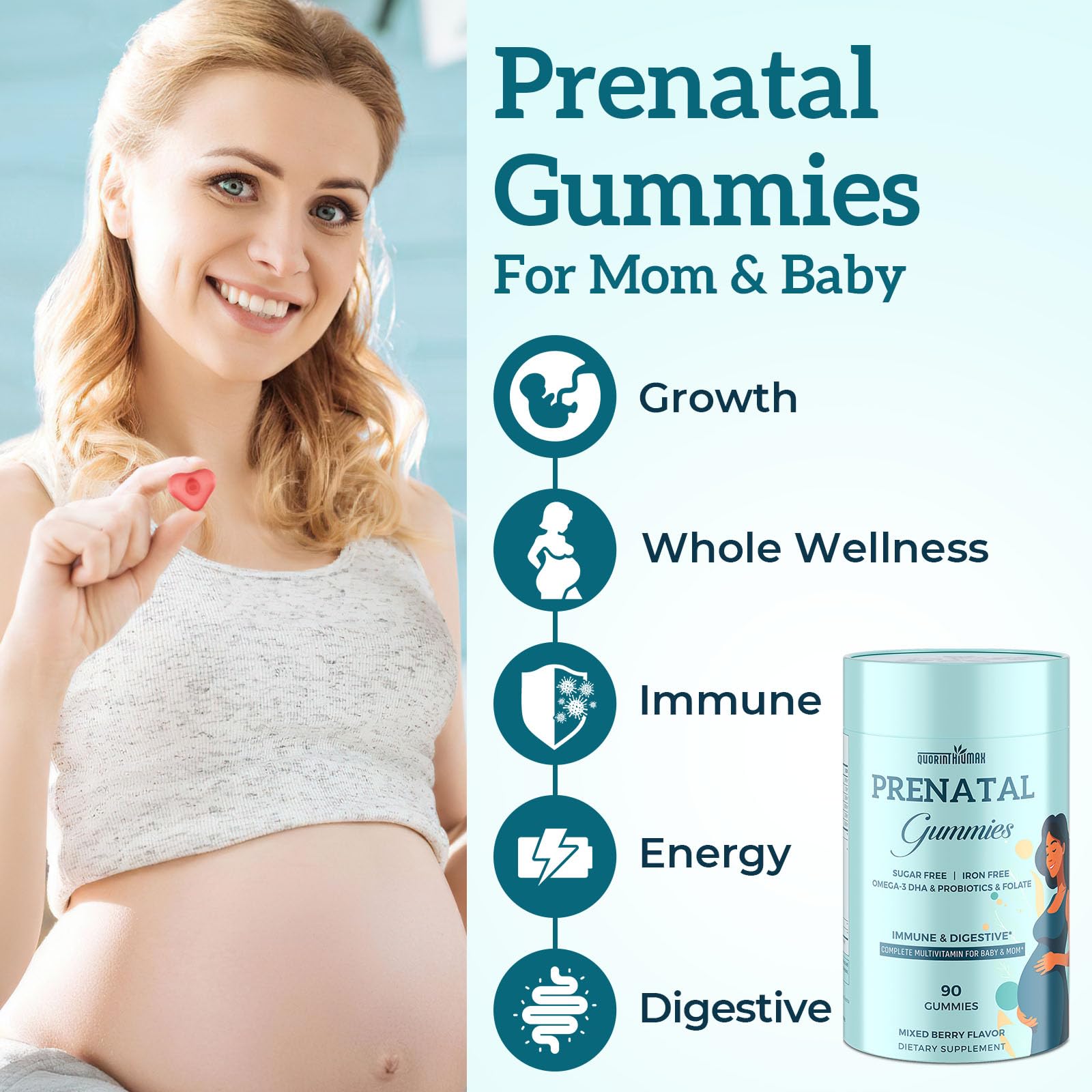 Quorinthiumax prenatal gummies probiotics highlight digestive wellness during pregnancy.