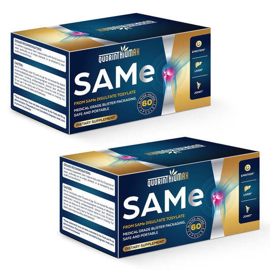 Quorinthiumax SAM-e 500mg bottle highlights portable, blister-sealed freshness.