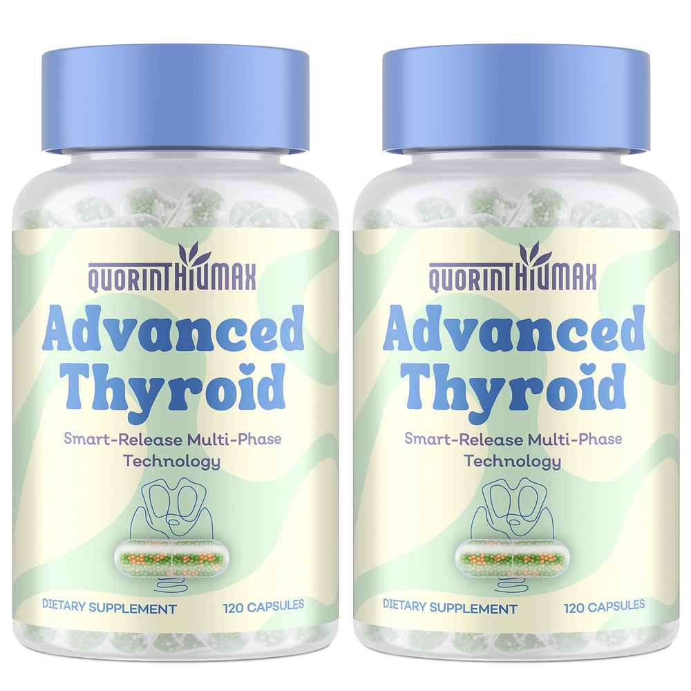 Quorinthiumax Thyroid Support bottle with capsules for daily balance and energy.
