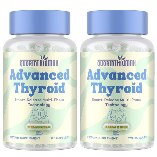 Quorinthiumax Thyroid Support bottle with capsules for daily balance and energy.