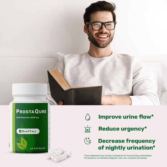 QurItAll ProstaQure capsules inside bottle highlighting 1000 mg saw palmetto potential benefits.