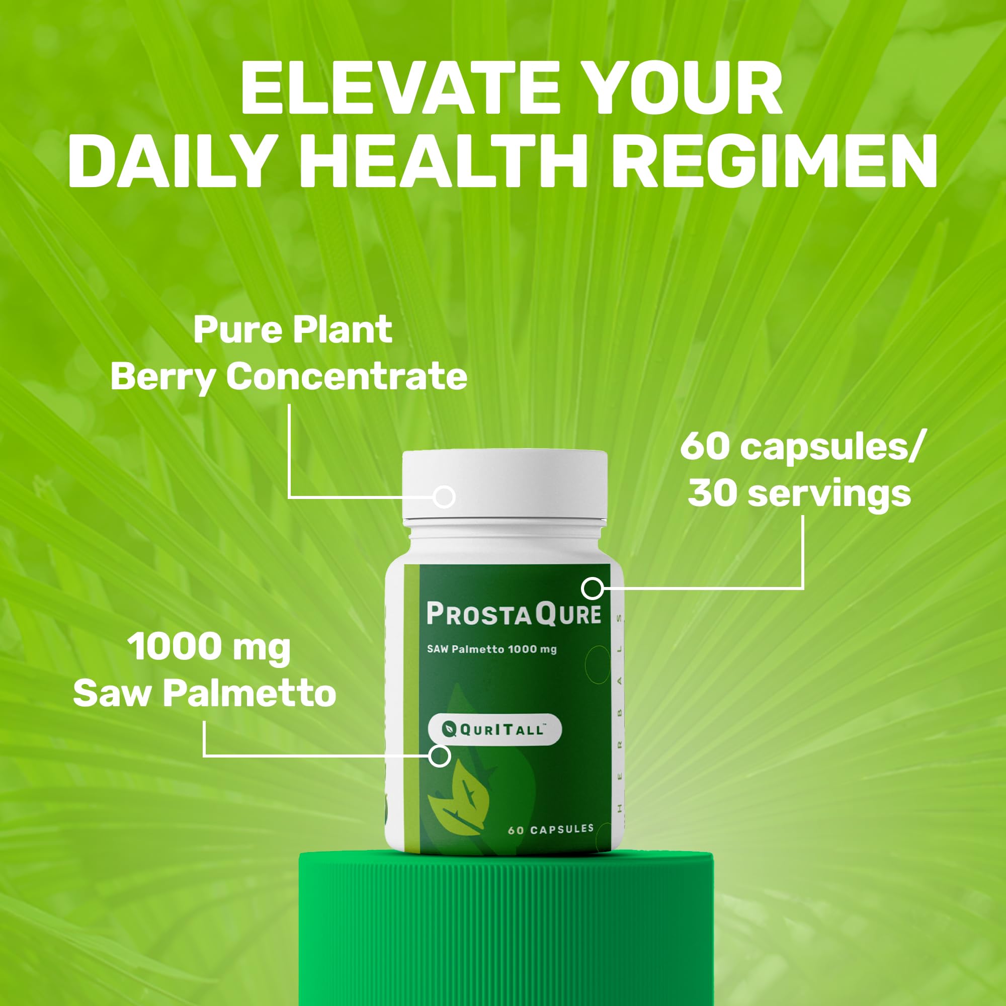 QurItAll Saw Palmetto berries close-up emphasizing potency for prostate support.