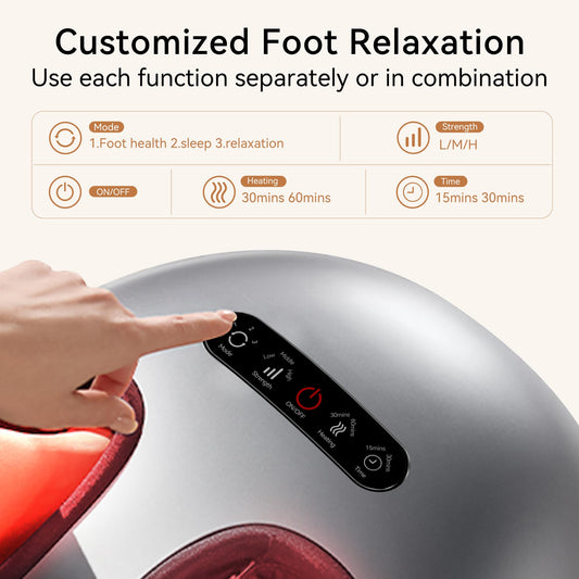 QXC Foot Massager in use demonstrates scissor-hand kneading for deep comfort.