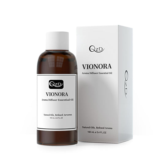 QZD VIONORA bottle front: an elegant amber bottle for premium spaces.