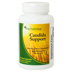 Rachelstea Candida Support bottle front showing vegan formula for gut balance