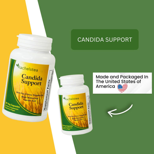 Rachelstea Candida Support capsules closeup highlighting 90 capsules for a 45-day supply
