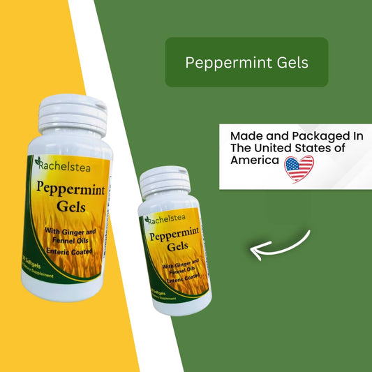 Closeup of Rachelstea Peppermint Gels softgels highlighting ginger and fennel oils for balanced digestion.