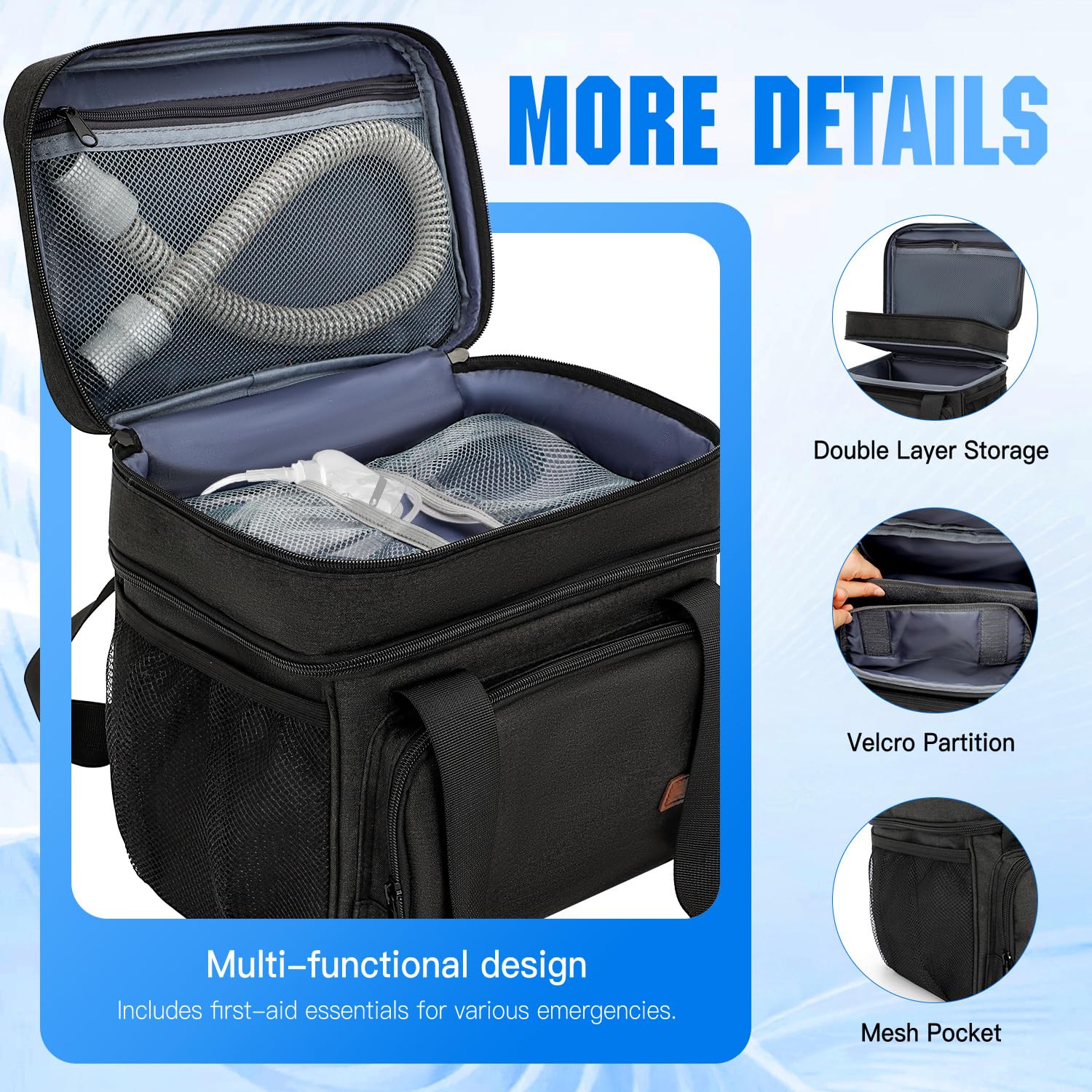 RackVibe CPAP Travel Bag side pockets store cables and personal items for quick reach.