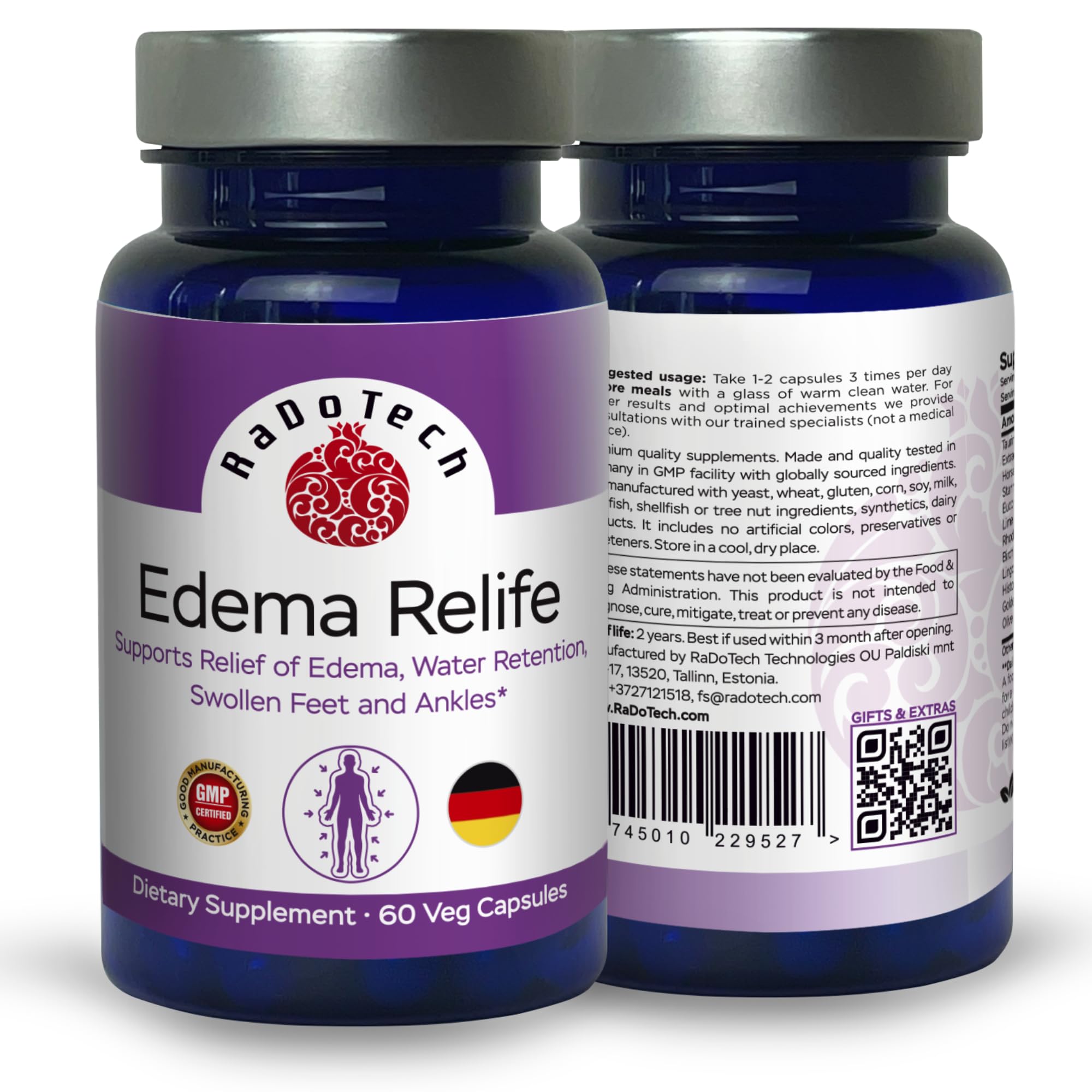 RaDoTech Edema Relife label highlights ingredients for support.