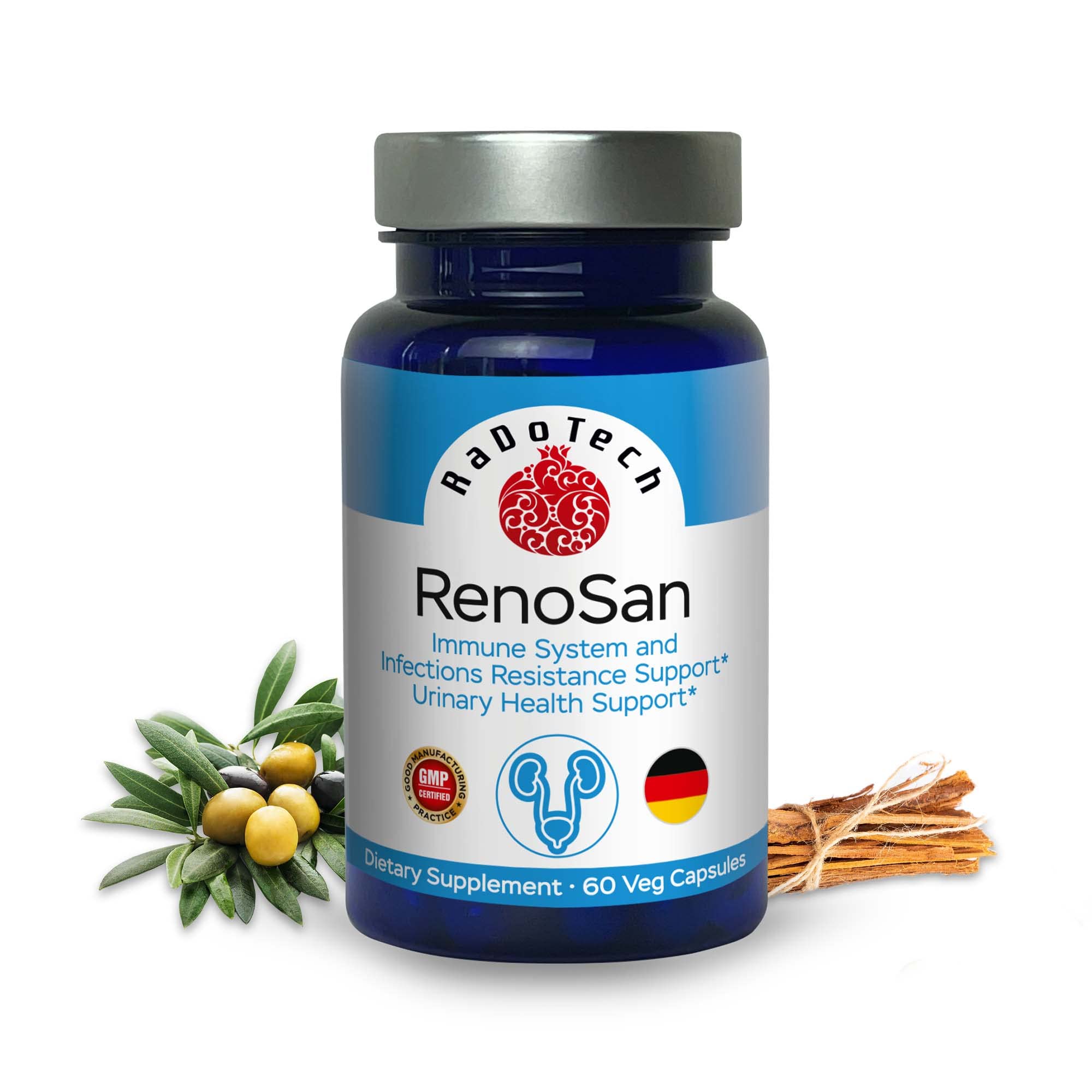 RaDoTech RenoSan bottle front with vegan capsules for daily urinary tract health.