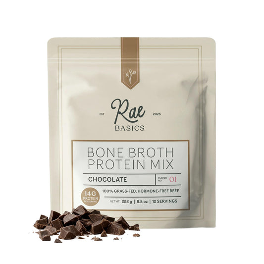 Rae Basics Bone Broth Protein chocolate pour for a cocoa-rich cup
