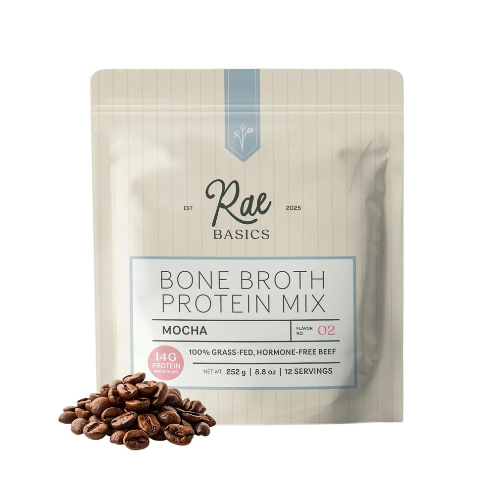 Rae Basics Bone Broth Protein Mocha front view for quick, coffeehouse-flavored nutrition