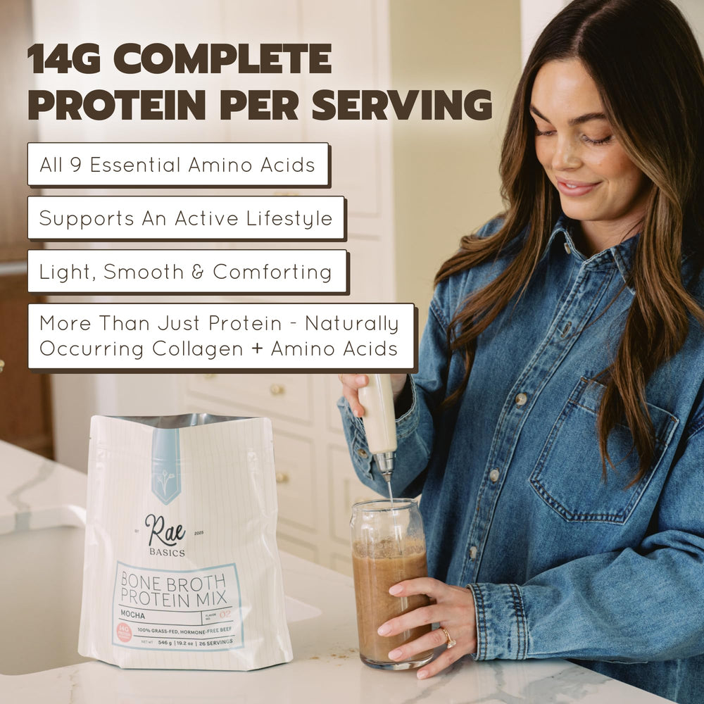 Rae Basics Nutrition panel notes 14g protein per serving for daily balance