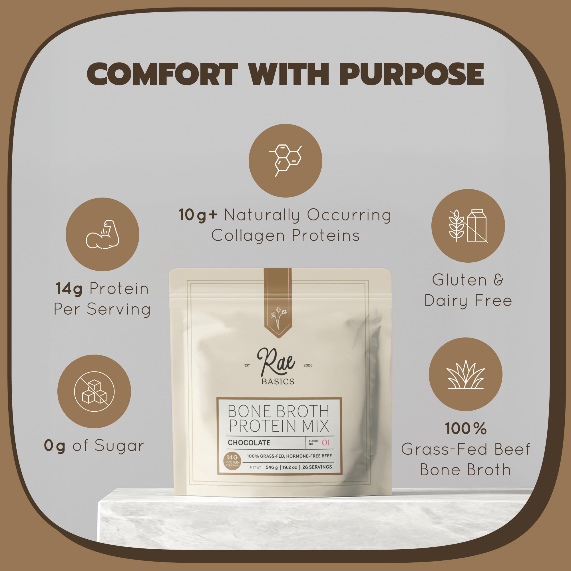 Rae Basics Bone Broth Protein Powder chocolate cup pouring, dairy-free indulgence